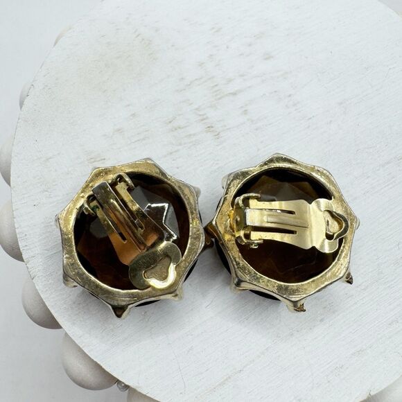 Vintage Smoky Topaz Amber Root beer Glass Large Headlight Clip On Earrings - Picture 6 of 10